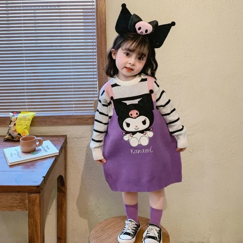 Kawaii Sanrio Kuromi Straight Dresses Cartoon Long Sleeve Spring Autumn Children Medium Long Sweater Long Sleeve Knitting Skirt