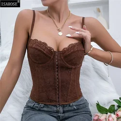 ISAROSE Women Sexy Lace Corset Tops Stretch Solid Color Patchwork Backless Y2K Girl Spaghetti Strap Summer Camisole Back Bandage