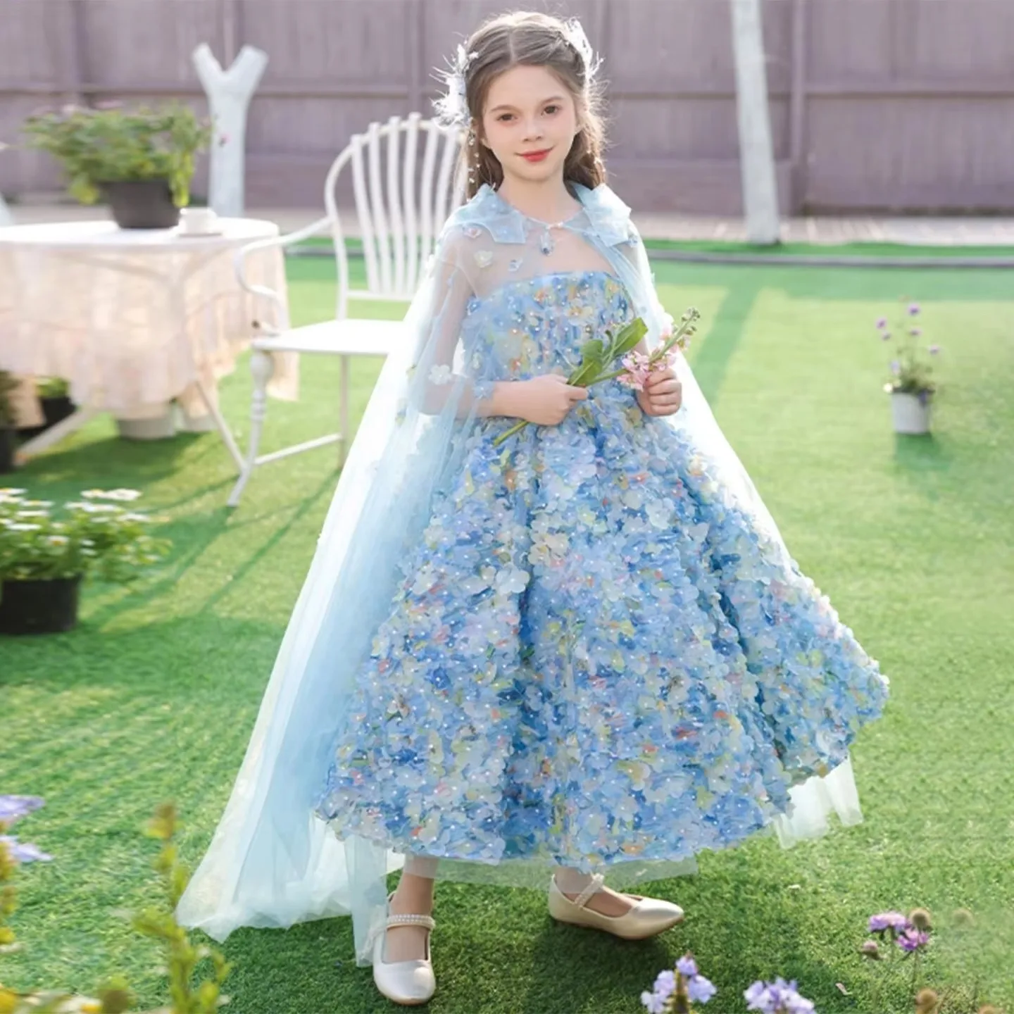 Jill Wish J273 Luxury Gradient Blue Flower Girl Dress 3D Flowers with Cape for Kid Princess Wedding Pageant Birthday Party Gowns