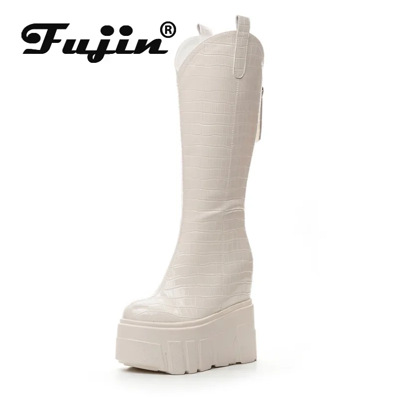 Fujin 14cm 2024 Patent Microfiber Leather Women Boots Spring Block Knee High Platform Wedge Fashion Autumn Booties Zipper Shoes