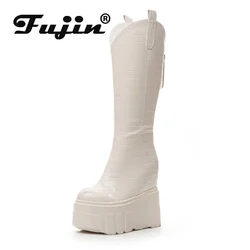 Fujin 14cm 2024 Patent Microfiber Leather Women Boots Spring Block Knee High Platform Wedge Fashion Autumn Booties Zipper Shoes