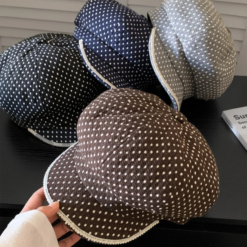 Koreanische Ins Polka Dot Spitzenrand Achteckige Baskenmütze Sommer- und Herbst-Street-Art Große Version Sonnenschutz Newsboy-Mütze für Frauen – Detail 6