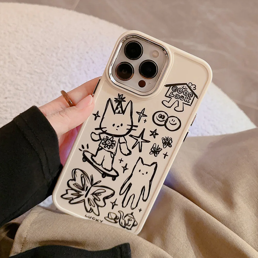 Funny Cute Cartoon Sketch Cat Soft Phone Cover Case for iPhone 16 15 14 13 12 11 Pro Max Plus X XS XR image 3