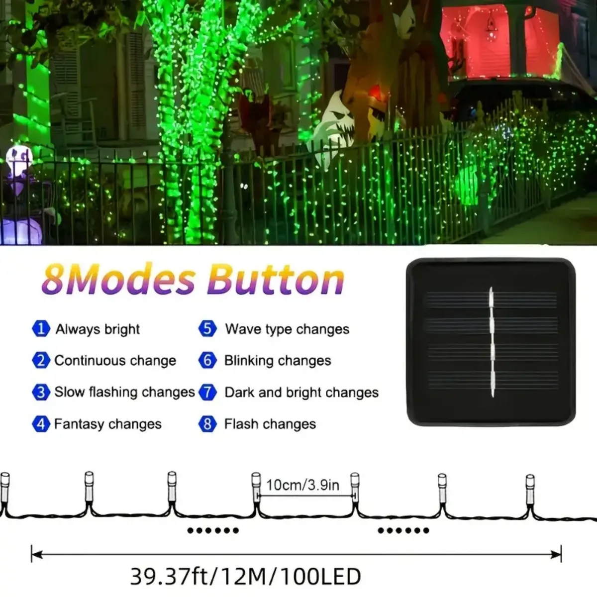 1 قطعة 12 متر/39.37 قدم. 100 LED سلسلة ضوء الشمس للهالوين مع 8 أوضاع مصباح مقاوم للماء في الهواء الطلق لديكور فناء الحفلات الداخلية