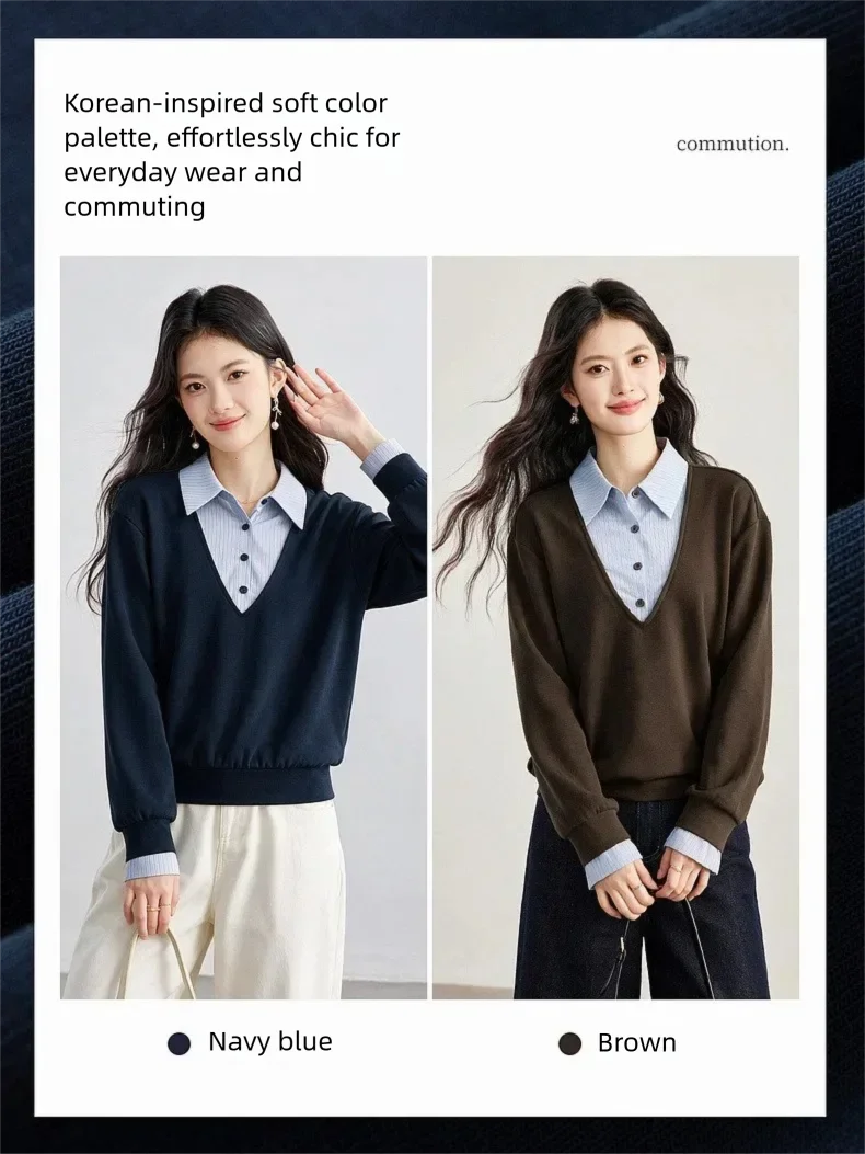 VIMLY Fake Two-piece Striped Collar Sweatshirt for Women 2026 Autumn Coffee Color Commute Casual Loose-fit Female Pullover A7577