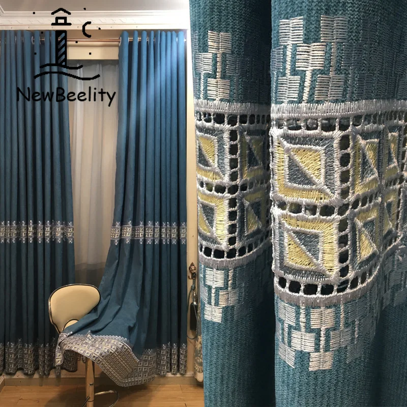 

European-style Curtains for Living dining Room Bedroom Light Luxury Blue Chenille Embroidered Curtains French Window