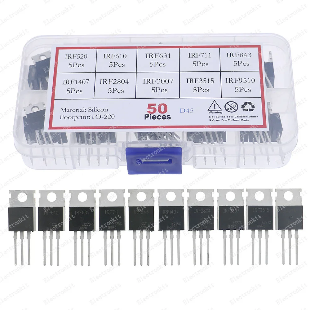 Kit de transistores Mosfet, caja de 10 valores TO-220, IRF520, IRF610, IRF631, IRF711, IRF843, IRF1470, IRF2804, IRF3007, IRF3515, IRF9510, 50 unidades