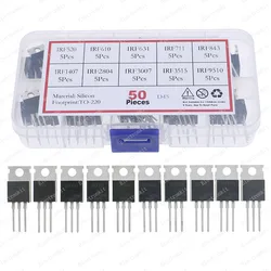 50Pcs 10 Valori TO-220 Mosfet di alimentazione Transistor Scatola del Kit IRF520 IRF610 IRF631 IRF711 IRF843 IRF1470 IRF2804 IRF3007 IRF3515 IRF9510