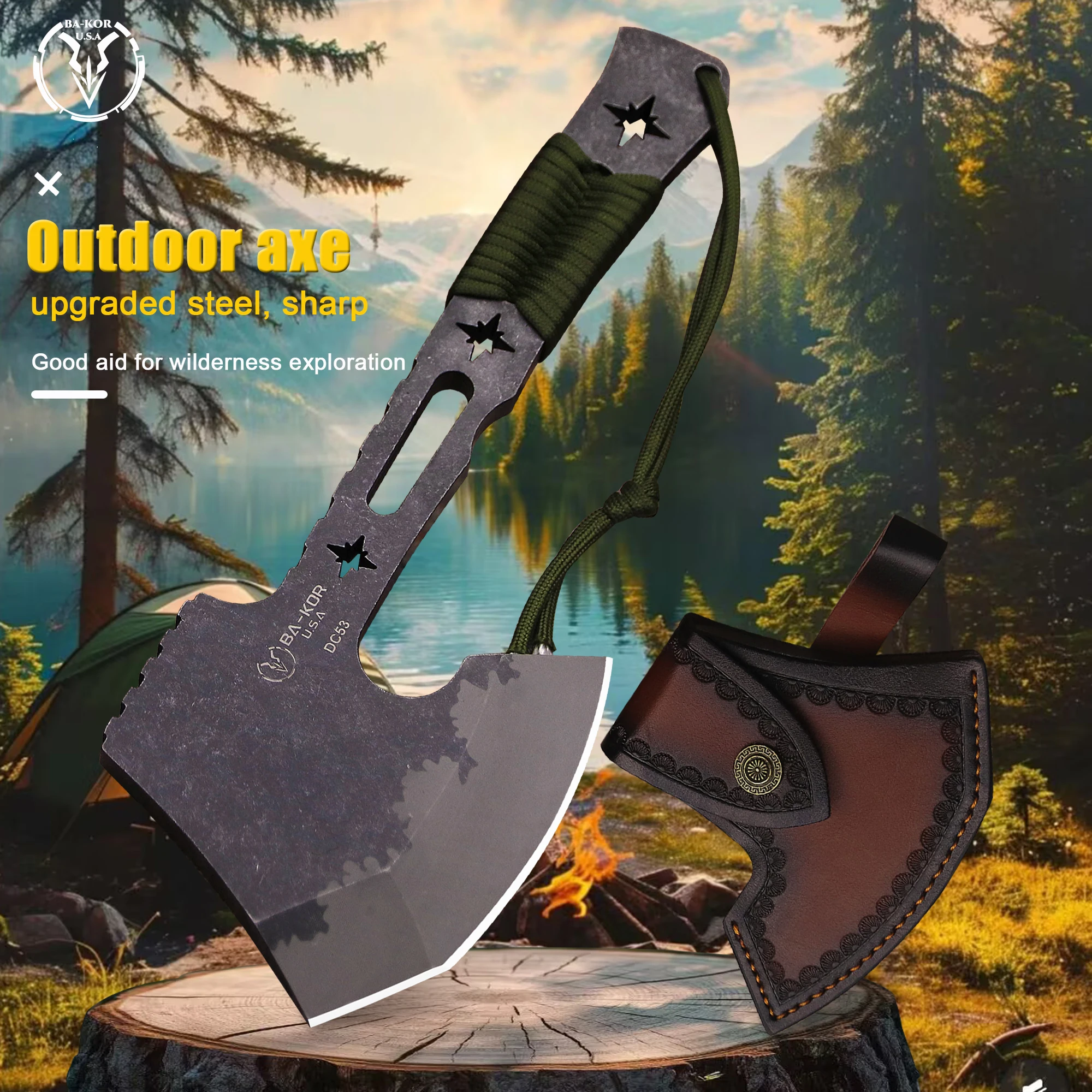 

BA-KOR German outdoor camping axe DC53 steel 10mm thick integrated multi-purpose axe + axe sheath, forest logging axe, tool axe
