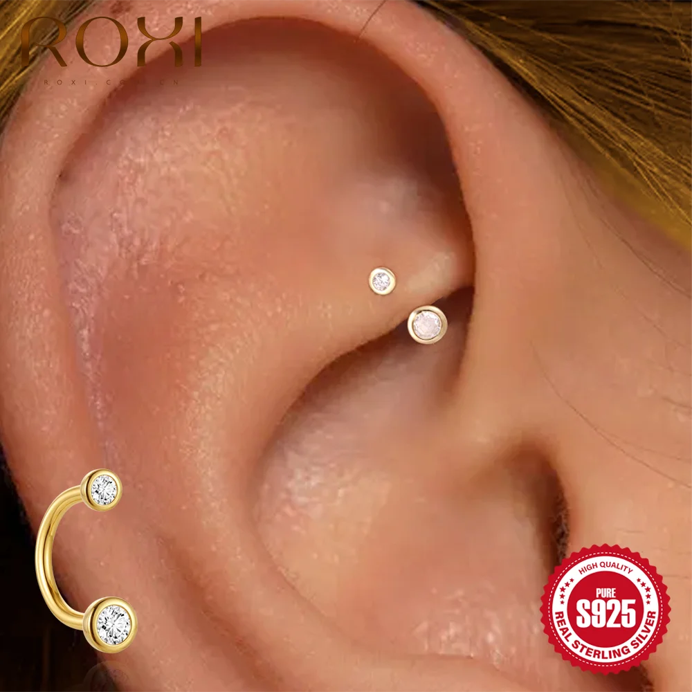ROXI 1PC S925 Silver Multi Shape CZ Cartilage Stud Tiny Star Heart Tragus Piercing Ins Dainty Earring Daily Wear