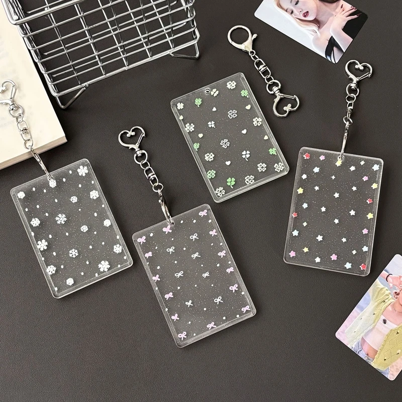 New Ins Snowflake Star Transparent Card Holder Glitter Acrylic Bus Card Bank ID Card Film Protective Display Sleeves Pendant