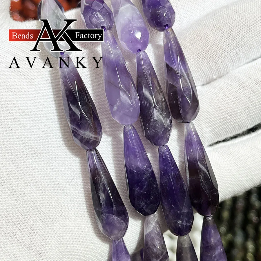 

Natural Crystal Amethyst Water Droplet Shape Loose Beads Faceted Jewelry Making DIY Necklace Bracelet Accessory 15''10x30mm