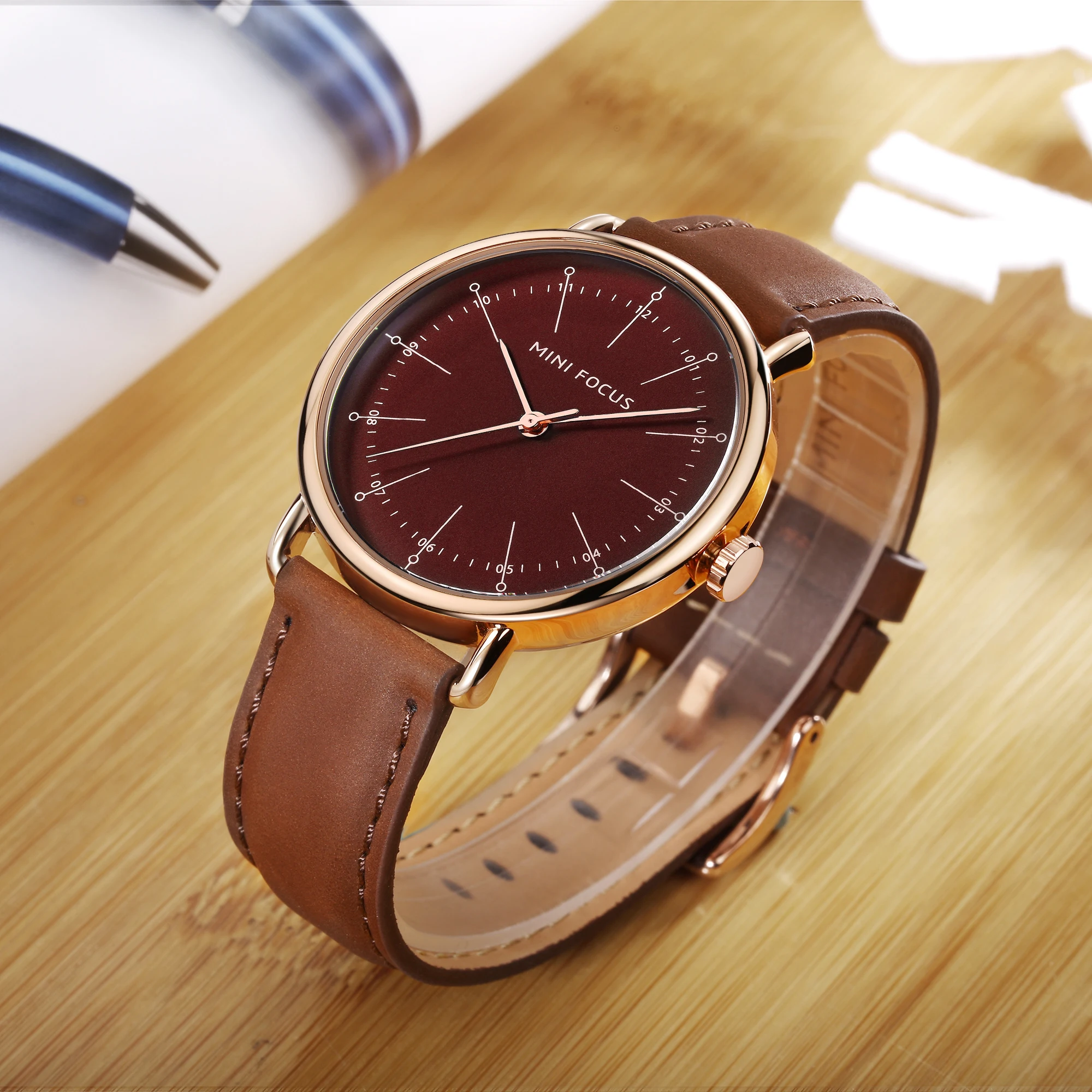 Mini Focus MF0056G Classic Quartz Watches Brown Genuine Leather Strap Waterproof Japan Quartz Movement Men Watch