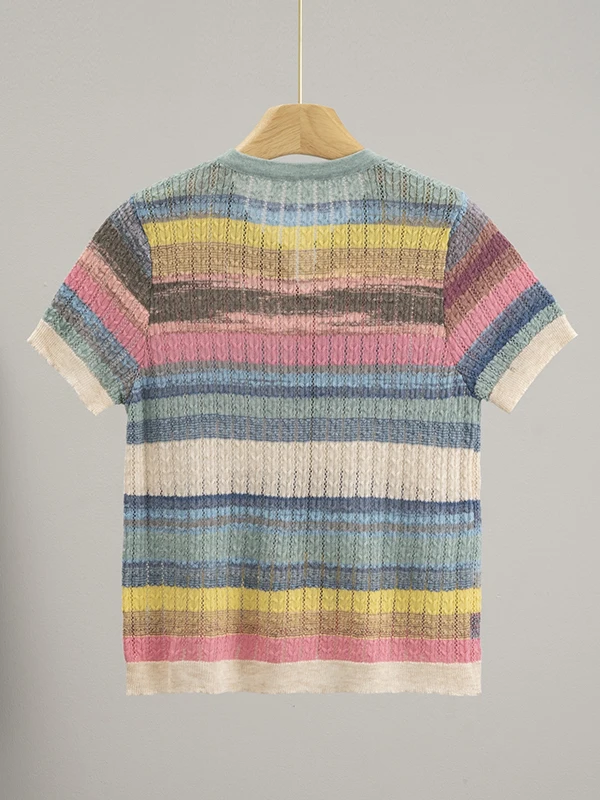 

Rainbow Striped Color Blo ort Sve Thin Knitted Cardigan Women's Summer Loose Slimming Top Sweet Sle round Ne