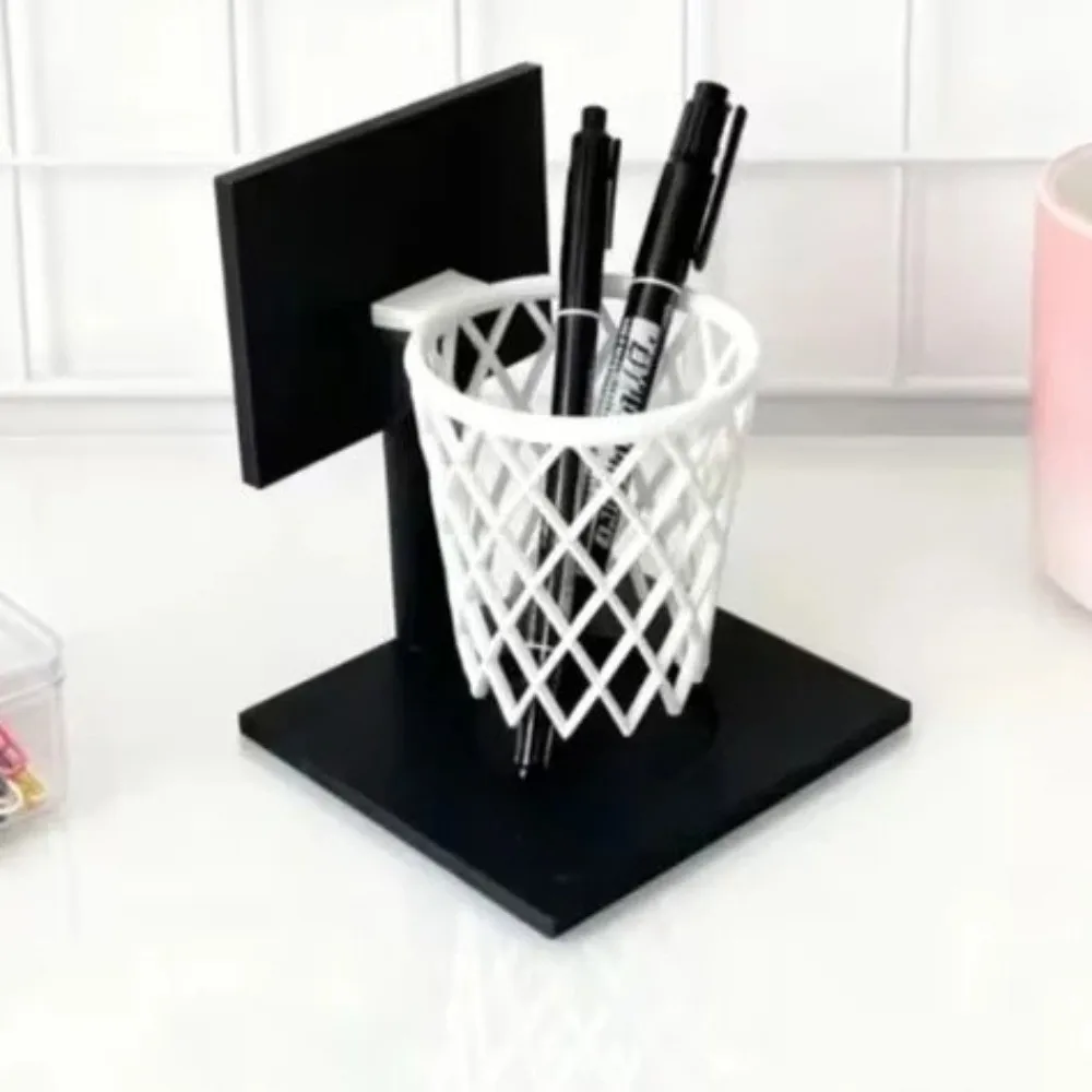 3D Printed Basketball Hoop Pen Holder Creative Space-Saving Pencil Storage Box Black Base White Mesh