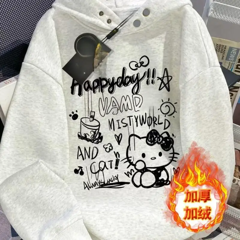 

Sanrio Hello Kitty Свободный пуловер в американском стиле Kawaii для пар на осень и зиму Белый Серый комплект с капюшоном для мужчин и женщин