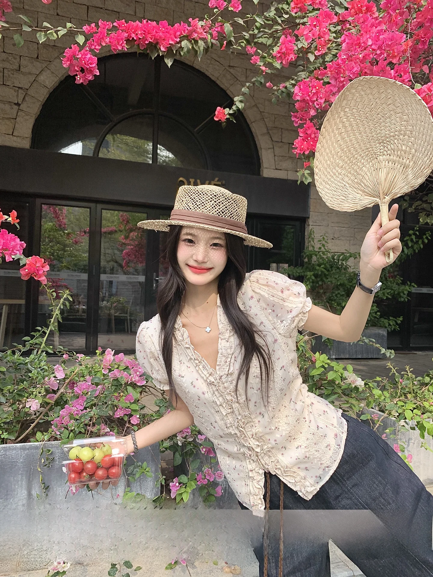 

Floral Print Casual ort Sve V-Ne Women's irt Spring Summer Slimming Korean Sle Commute Faion Polyester Fiber