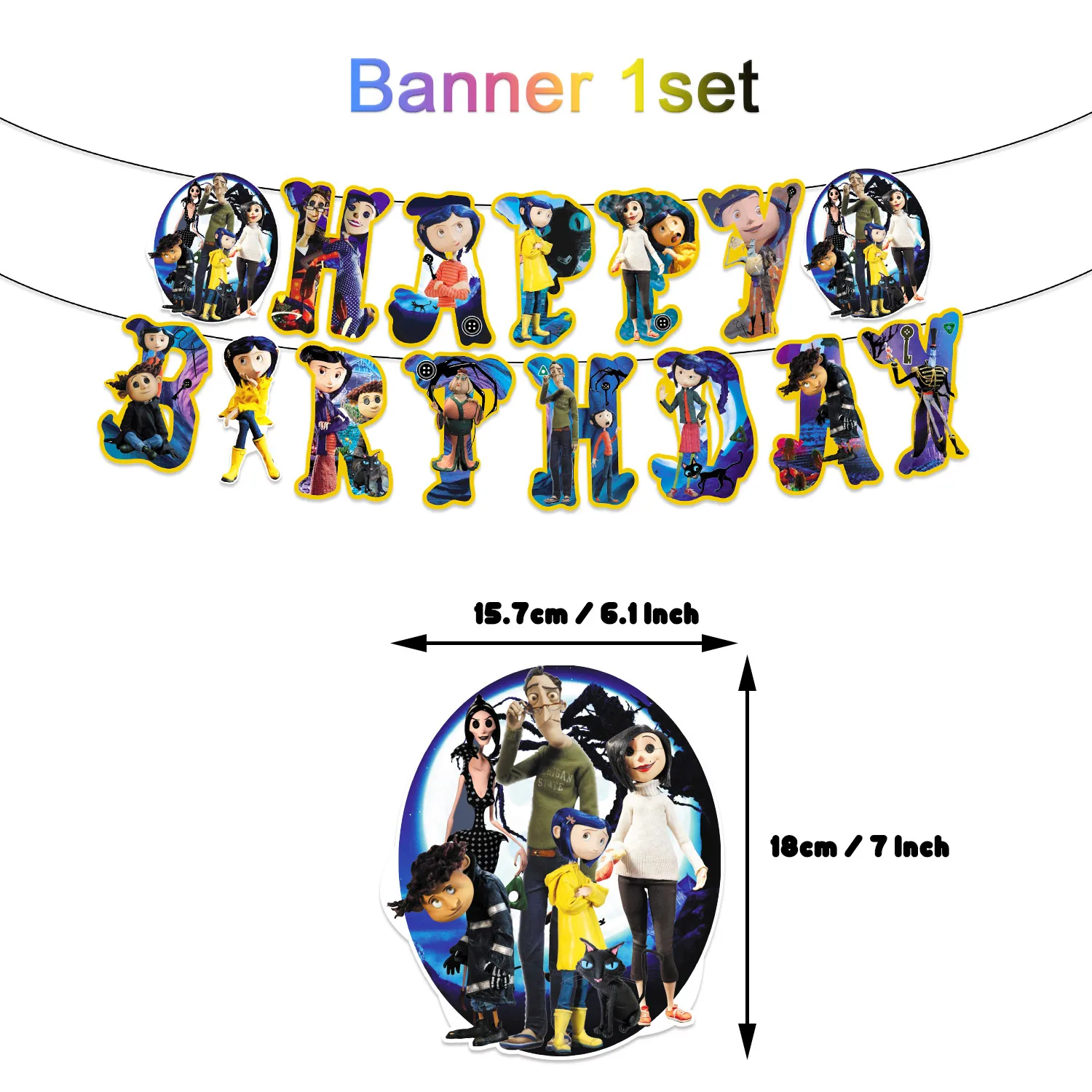 コララインと誕生日パーティーの装飾,ケーキのバナー,数字,風船の背景,スーツ,ベビーシャワー