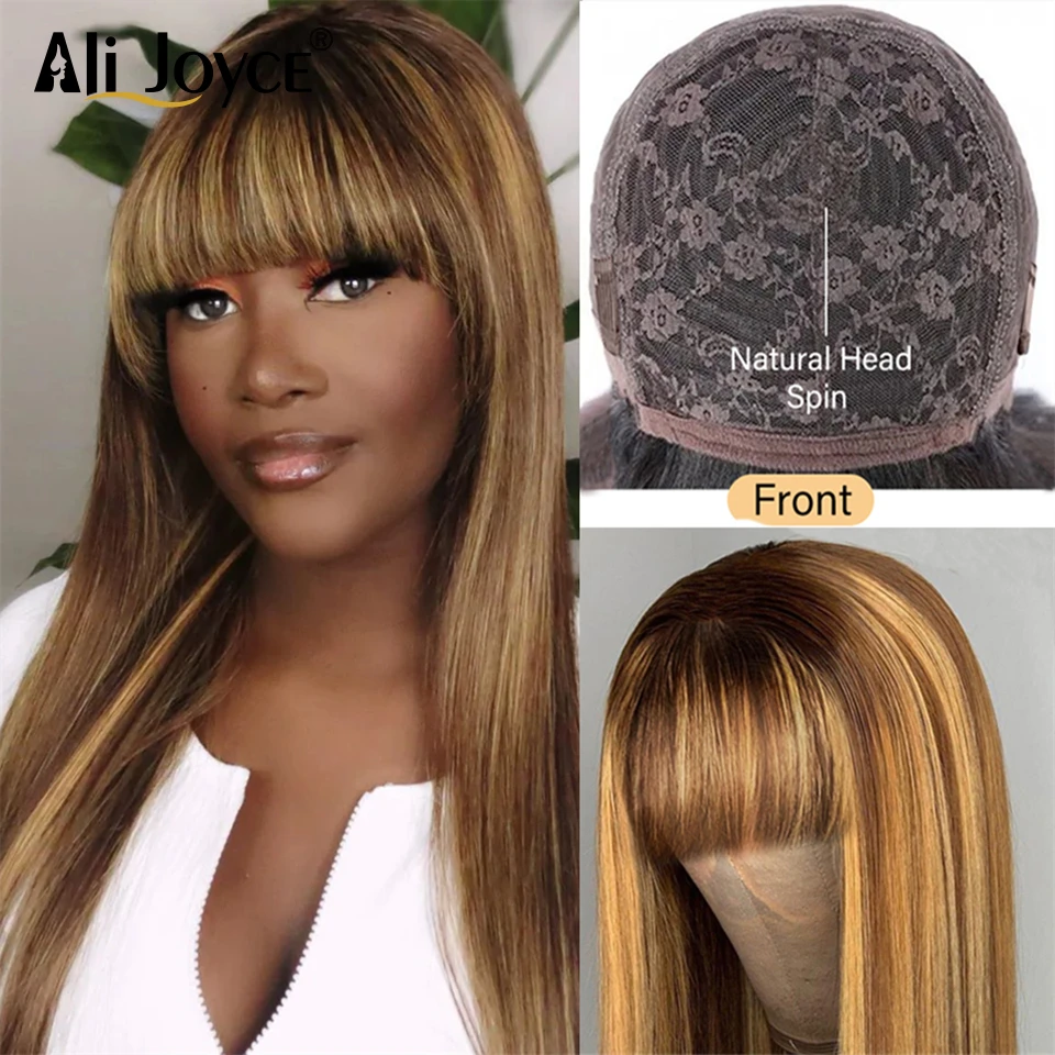 Piano 4/27 Colored Human Hair Wigs With Bangs Brazillian Remy Hair Machine Made Honey Blonde Highlight Straight Glueless Wigs