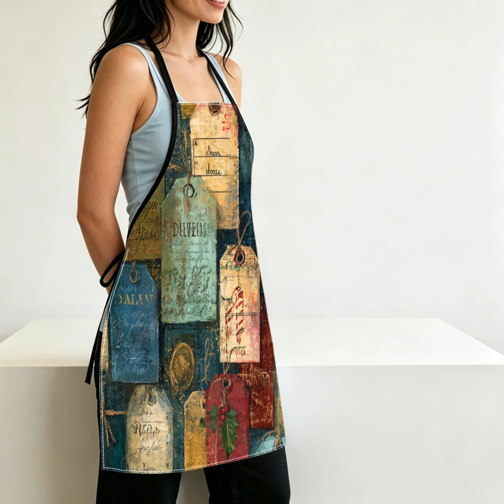 Vintage Collage Style Apron Retro Tags And Berries Print Kitchen Aprons For Cooking Baking And Home Decor Adjustable Bibs