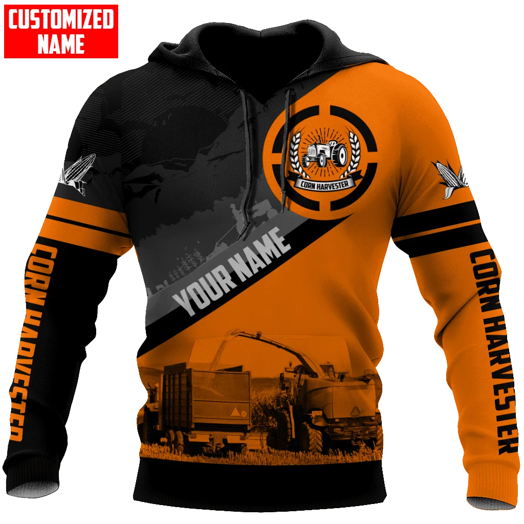 Corn Harvester Farming Tractor Orange Custom name 3D All Over Printed Mens Hoodies & Sweatshirt Unisex Casual zip hoodies MT-37