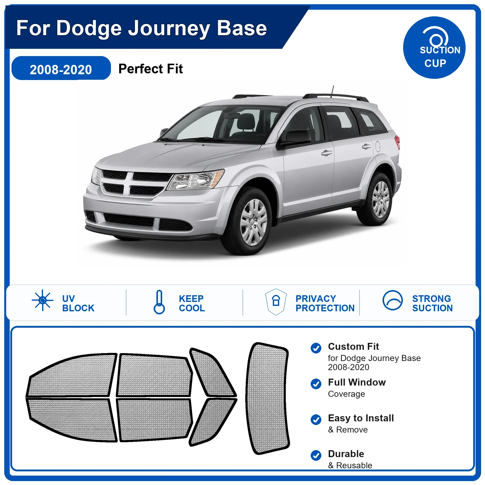 For Dodge Journey Base 2008-2020 Custom Full Set Windshield Sun Shade Aluminum Foil Heat Insulation Anti UV Foldable