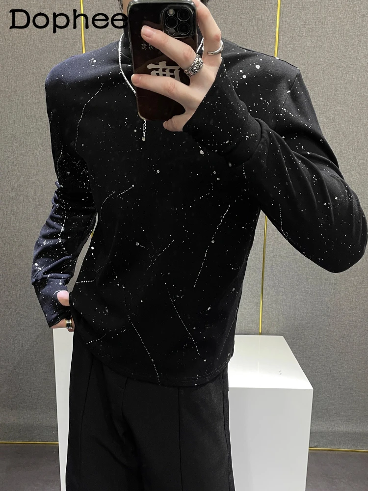 

Men's Starry Sky Solid Color Long Sleeve T-Shirts 2025 Autumn Half High Collar Splashing Ink Design Tops Sequin High-End Tees