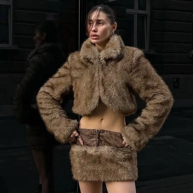 

2 Piece Patchwork PU Leather Long Sleeve Jackets Crop Top Faux Fur Bodycon Mini Skirts Autumn Winter Skirt Set