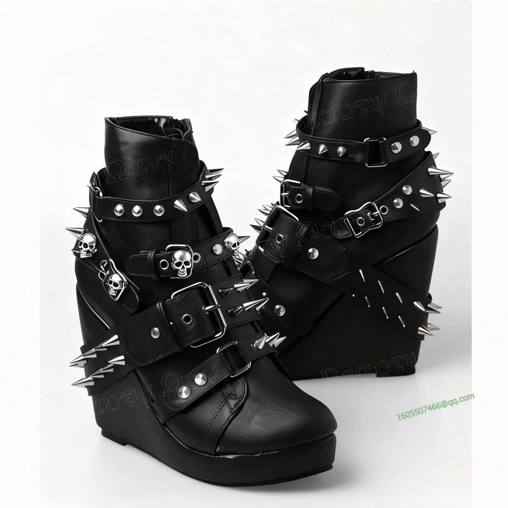 

Black Skull Decoration Rivet Boots Rivet Decor Belt Decor Boots Round Toe Knee High Shoes for Men Shoes Zapatos Para Hombres