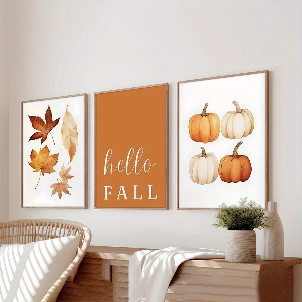 Orange Hello Autumn Poster Autumn Leaf Printing Fall Pumpkin Decoration Gift Poster Suitable for Room and Bedroom Decoration