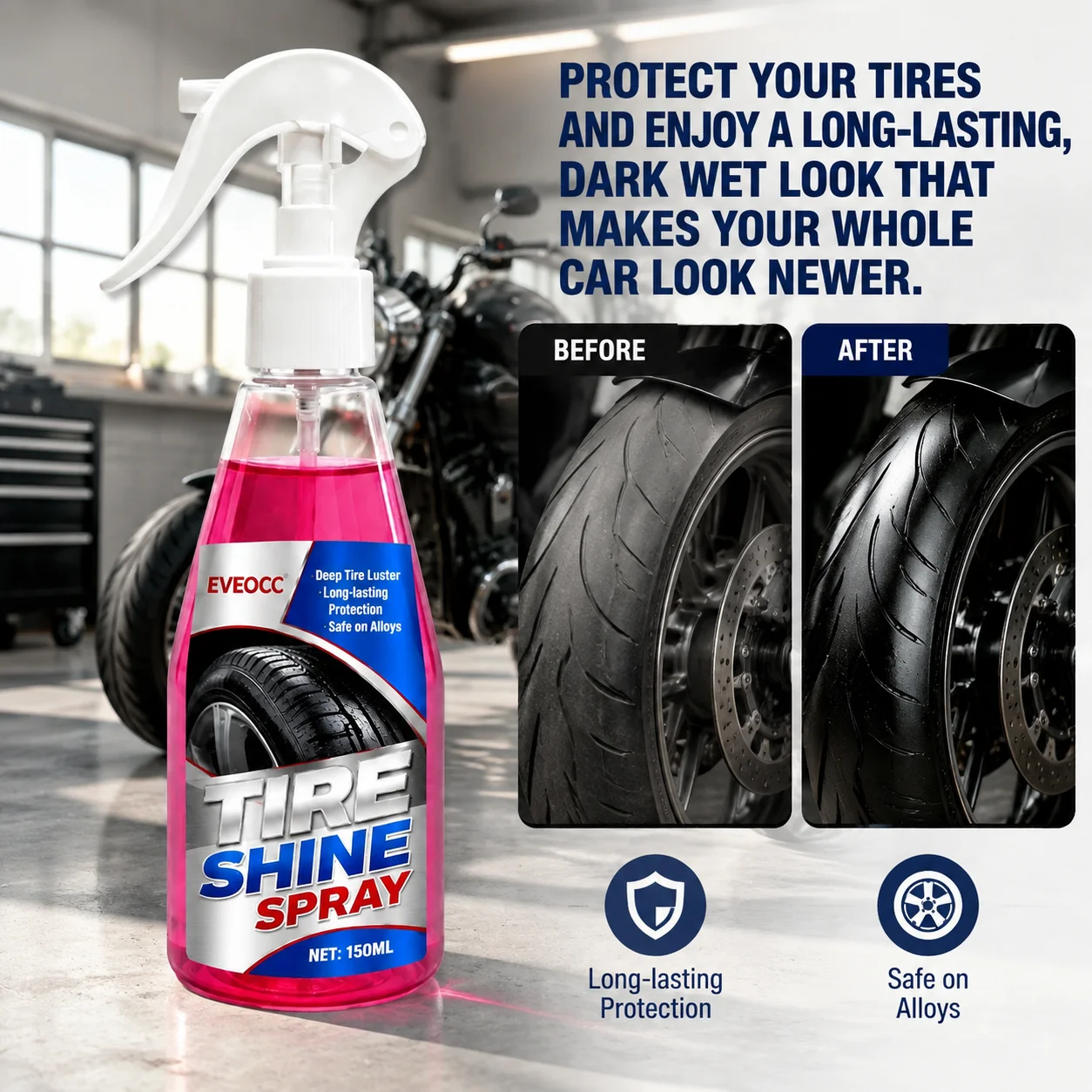 EVEOCC Tire Shine Spray 150ml, Long‑Lasting Tire Gloss Protection Spray Deep Luster Safe for Alloy Wheels