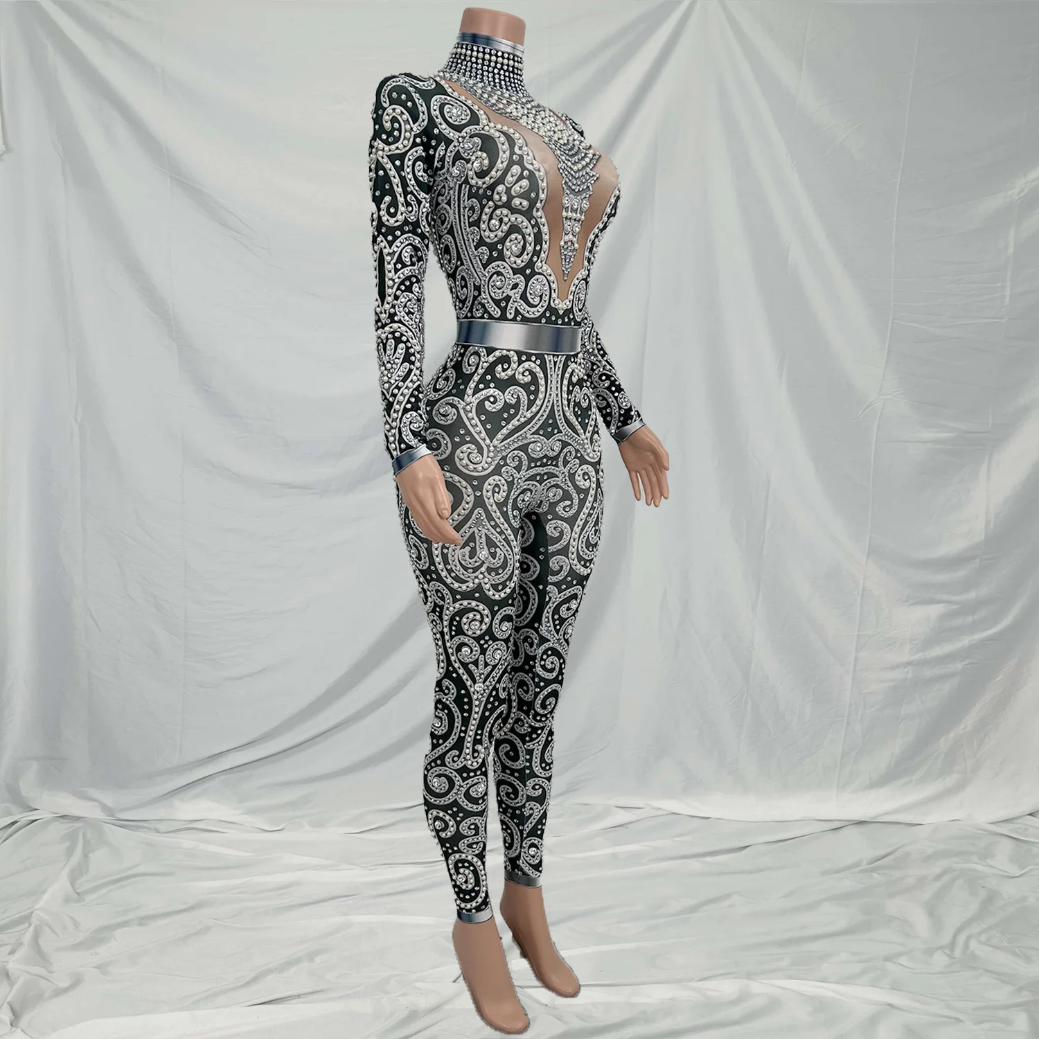 

Quanquan Carnival Black Jumpsuit for Women Sexy Romper Glitter Crystal Pole Dance Costume Nightclub Bar Stage Wear Outfits