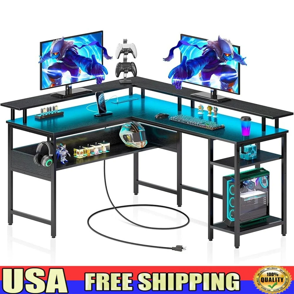 

L-образный компьютерный стол с подсветкой, розетки, подставка для монитора, двусторонний игровой стол с полками для хранения в домашнем офисе