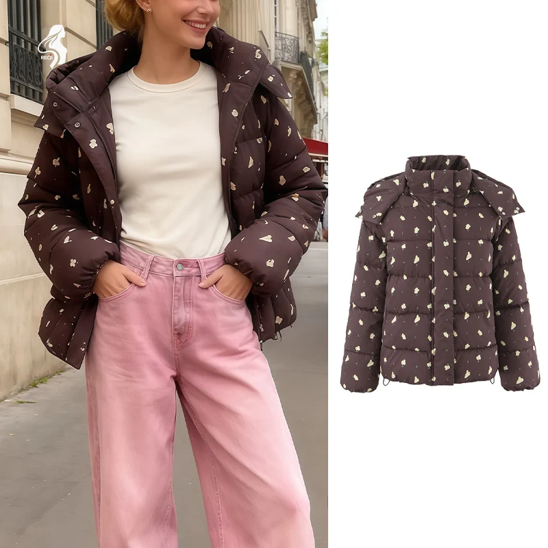 

Fashionable Womens Hooded Cotton Jacket Zipper Printed Stand Collar With Hood Warm And Soft Cotton Jacket Casual Daily Wear