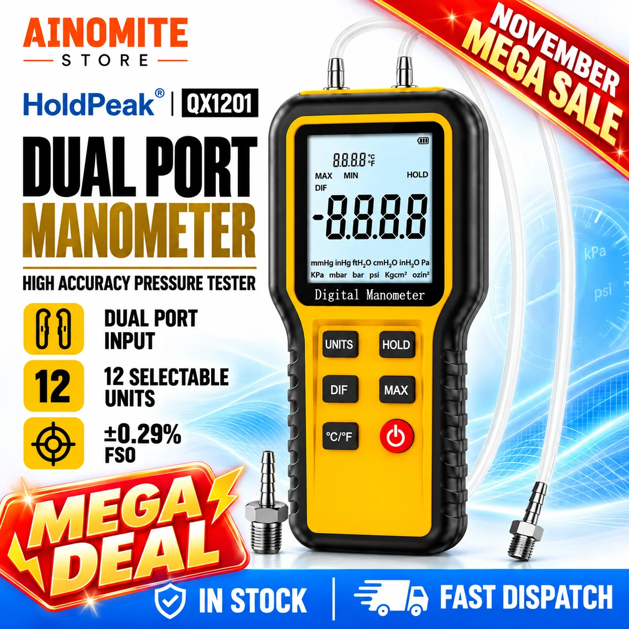 Digital Manometers Handheld Gas Pressure Manometer HVAC Gas Pressure Tester Dual-Port Professional Air Pressure Meter 12 Select