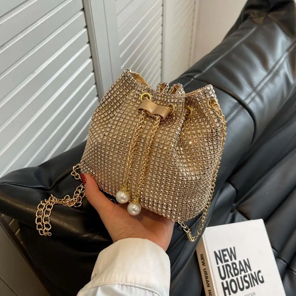 Women Chain Crossbody Bag Solid Color Rhinestone Luxury Shoulder Bag Drawstring Glittering Satchel Bag Dinner Party Bag