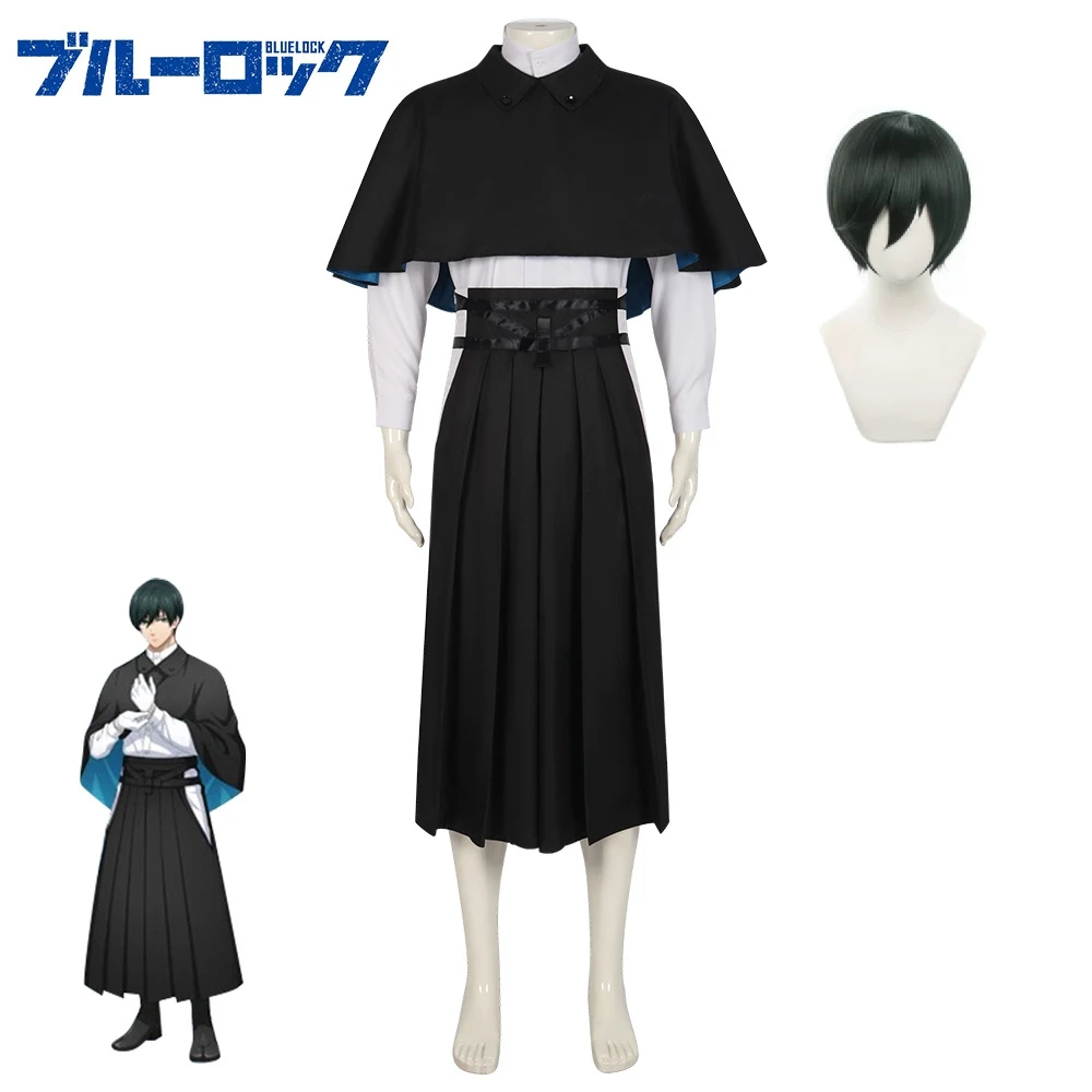 Anime BLUE LOCK Rin Itoshi Cosplay Costume Top pantaloni nero bianco Kimono Halloween gioco di ruolo uniforme uomo parrucca verde vestito completo