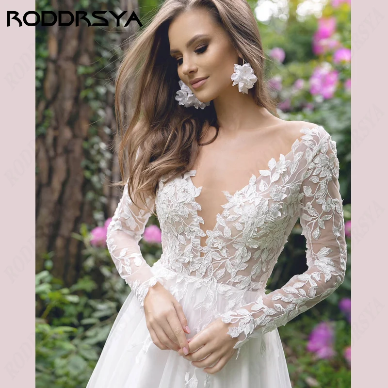 RODDRSYA Lace Mangas Compridas Vestidos Weeding Sexy V-Neck A-Line Vestidos De Noiva Romântico Backless Tulle Custom Made Appliques Boho Lace Mangas Compridas Vestidos Weeding Sexy V-Neck A-Line Vestidos De Noiva Român