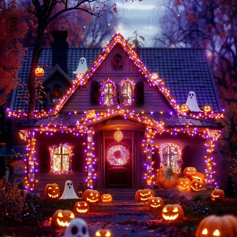 Halloween Solar Purple Orange 14M 120Led Copper Wire Garden Lamps Outdoor Waterproof Spooky Lighting For Yard Lawn Haunted Decor