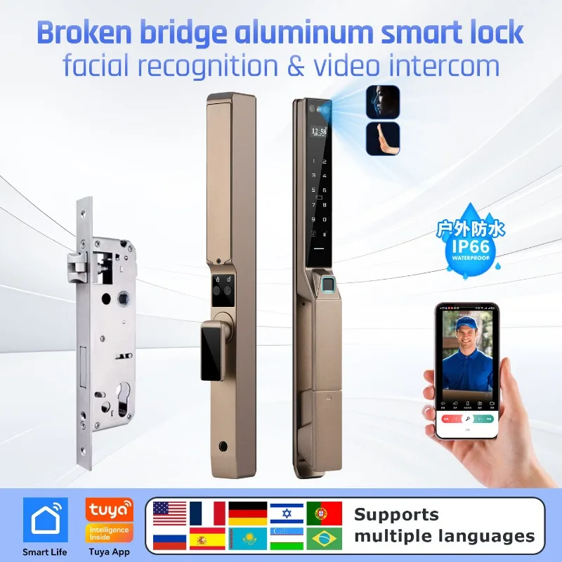 Outdoor waterproof broken bridge aluminum smart lock facial recognition remote visual garden sliding fingerprint password lock