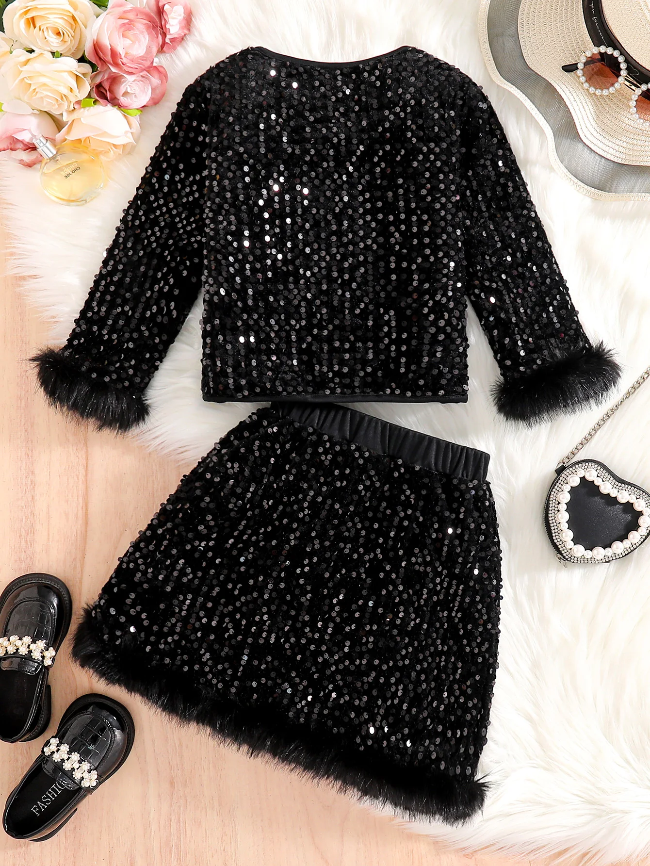 Girls' Black Sequin 2-Piece Outfit, Long Sleeve Furry Cuff Top + Feather Trim Mini Skirt, Kids' Party Birthday Outfit