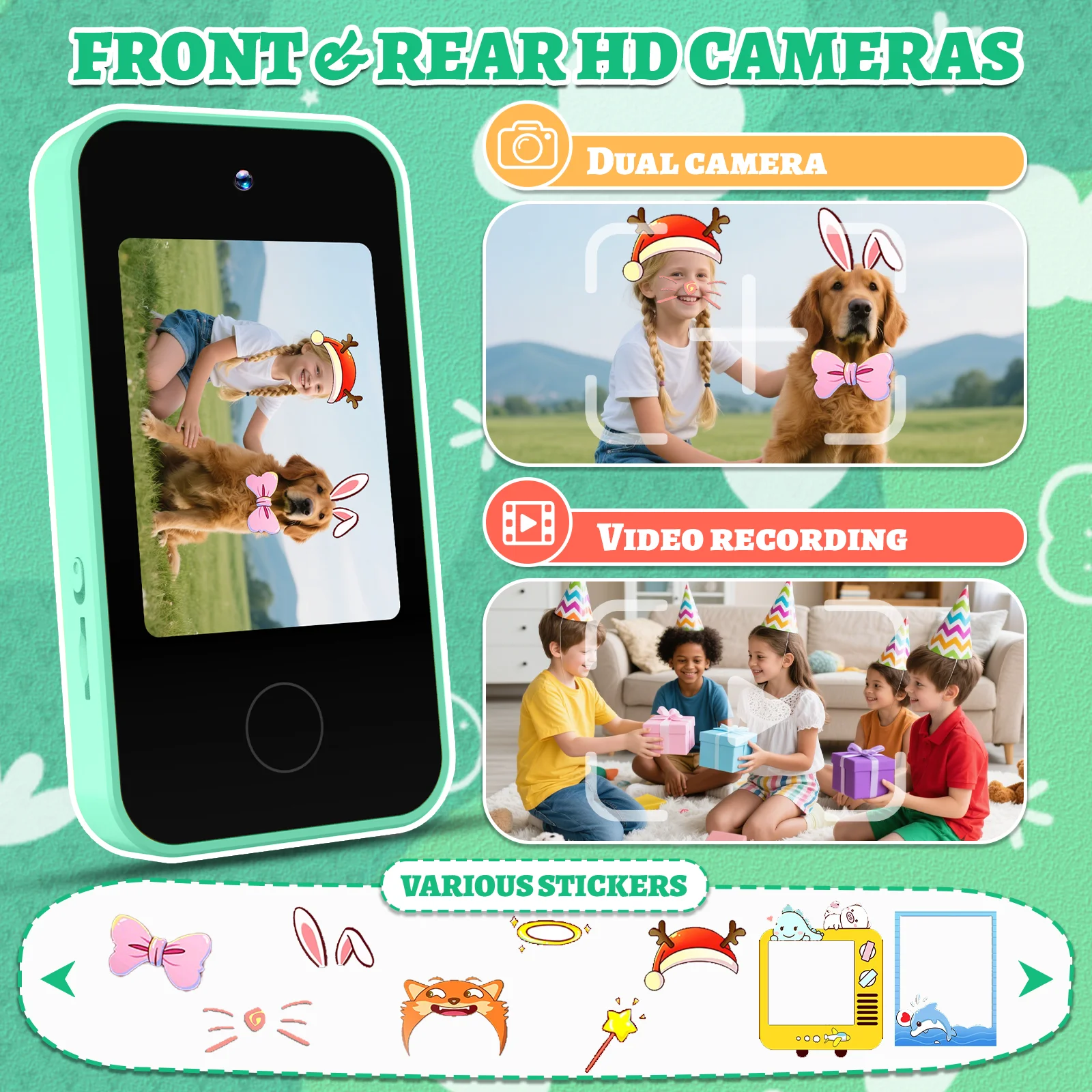 Téléphones jouets pour enfants avec double caméra, jouets d'apprentissage, cadeaux pour enfants de 4 ans, jeux de puzzle éducatifs, écran tactile 2.8 pouces, cadeau