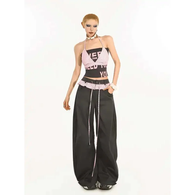 النمط الأمريكي هوتي قطعتين مجموعة رسالة صديرية دائرية الرسن شريط سترة بلايز أنثى النساء السراويل الوردي الأسود