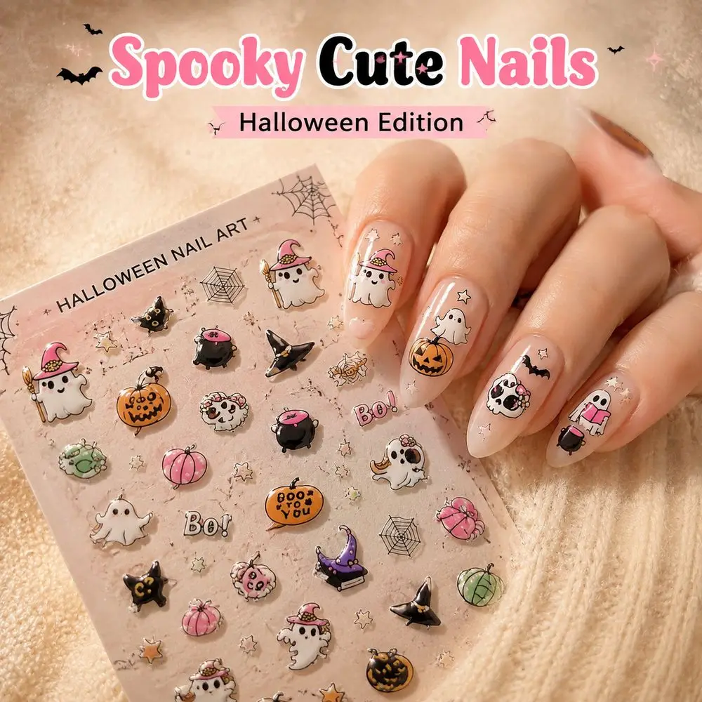 1Pc Halloween DIY Nail Art Stickers 5D Embossed Texture Ghost Skull Witch Hat Bat Pumpkin Self‑Adhesive Decoration Accessories