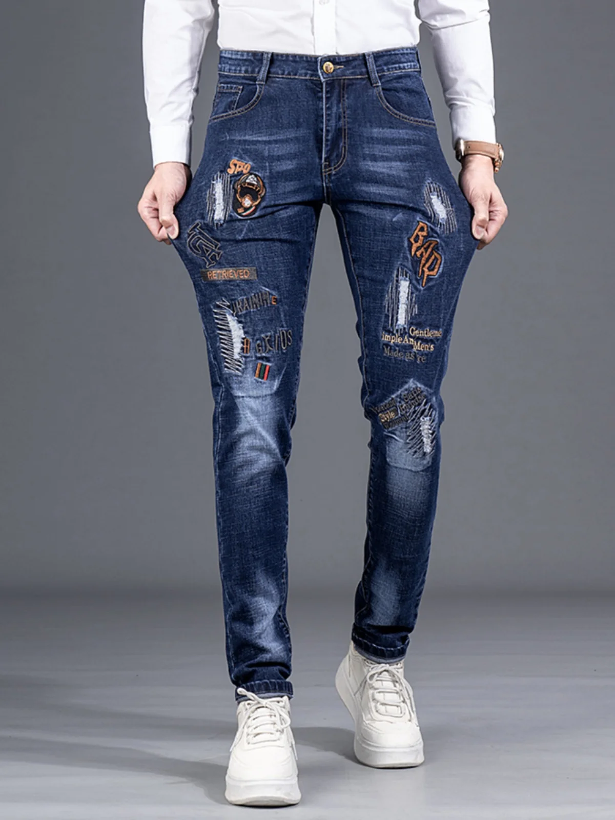 

Spring Autumn High-End Embroidered Print Ripped Denim Jeans Men's Faion Brand Elastic Slim Fit Long Pants Casual Wear