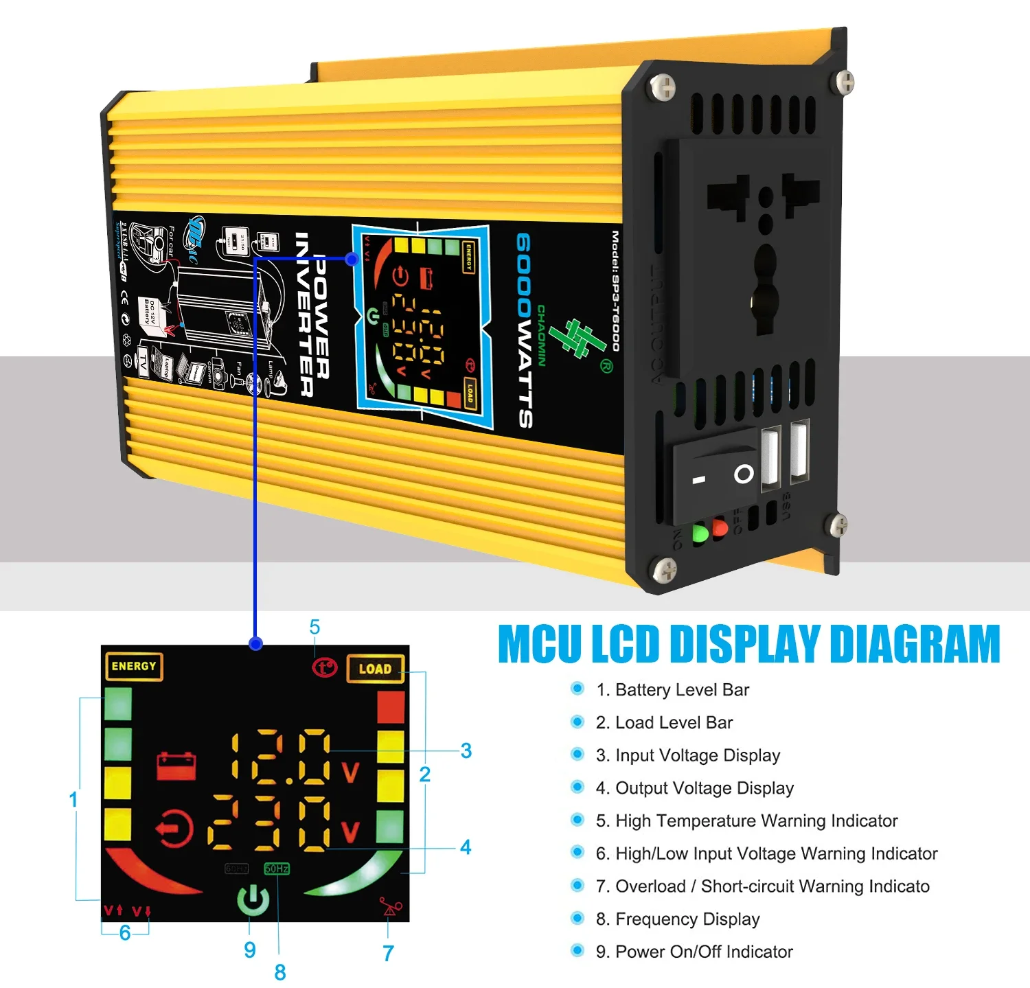 6000W Inverter DC 12V To AC 110V / 220V Vehicle Solar Power Inverter with Dual USB Digital Display for RVs and Small Appliances
