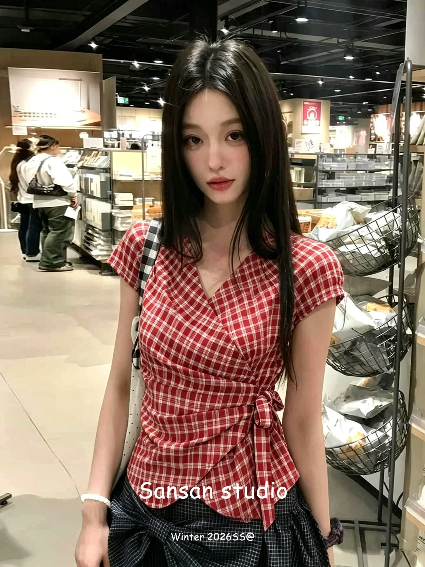 

Red Plaid Short Sleeve Shirt Women's V-neck Tie Waist Slimming Korean Style Commute Fashion Spring Summer Top