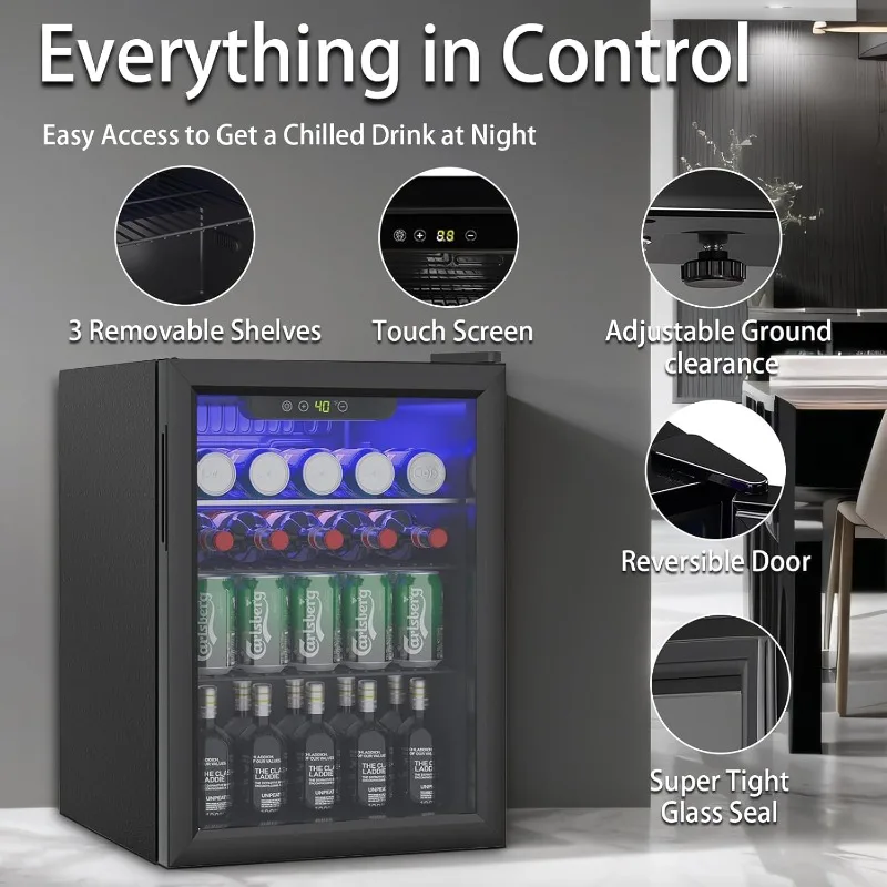 2.6 Cu.ft Beverage Refrigerator Cooler, 95 Can Mini Fridge, Digital Temperature Display, with Adjustable Removable Shelves
