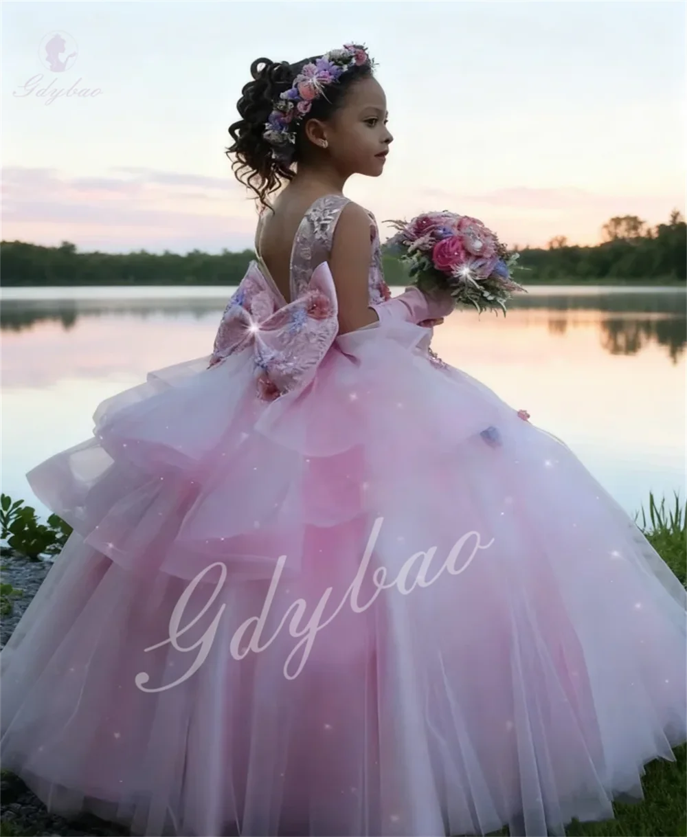 Pink Backless Sleeveless Fluffy Flower Girl Dress Suitable For Wedding Princess Party Celebrity and Piano Performance