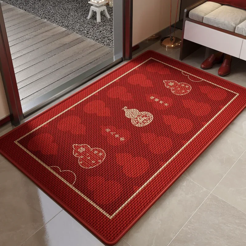 Red Lucky Gourd Print Porch Doormat Chinese Dust-Removing Foot Pad with Non-Slip Bottom Antiwear Easy To Handle Floor Carpet